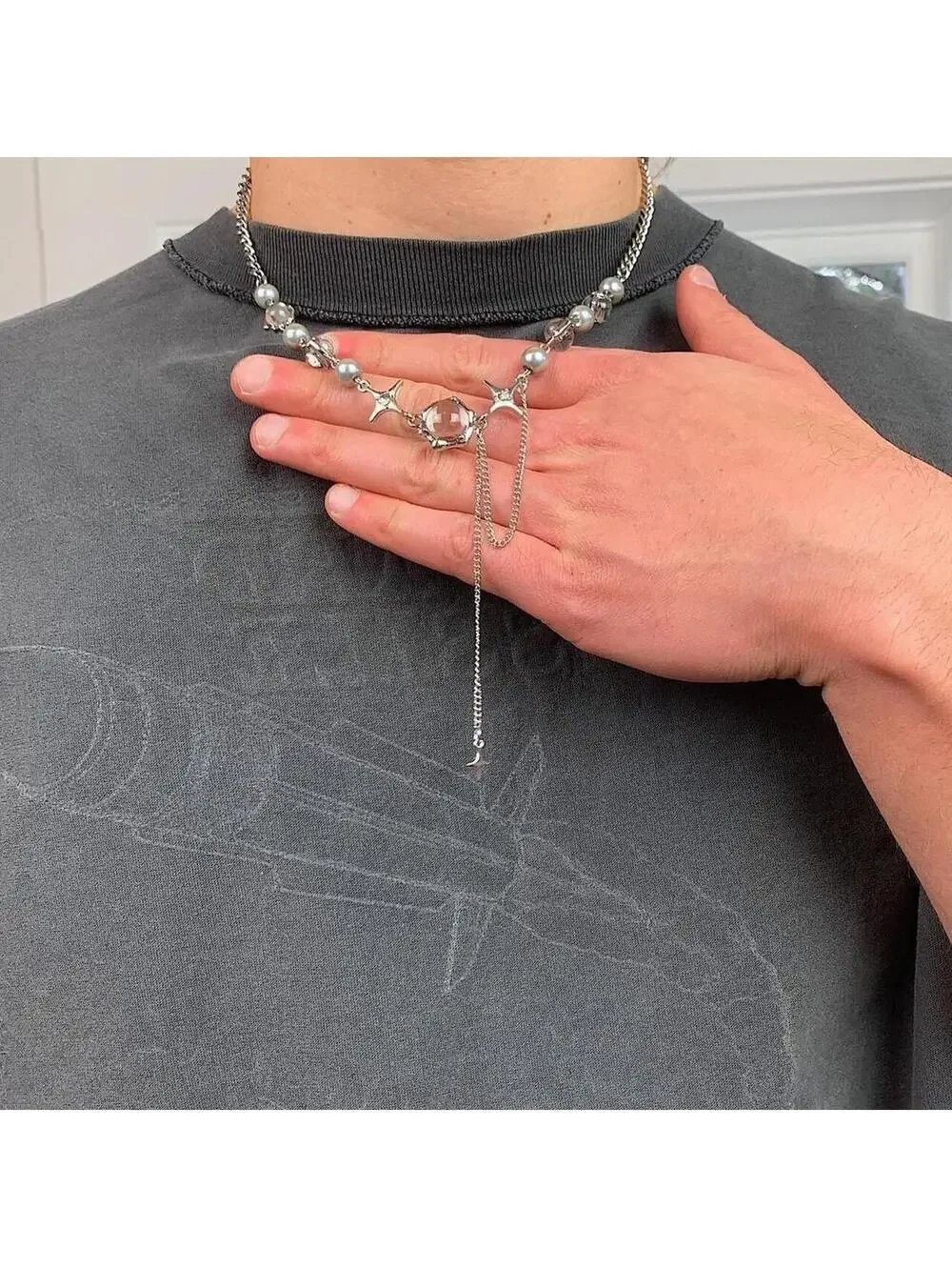 Cyber y2k grunge silver and beaded futuristic glass opal pendant necklace.